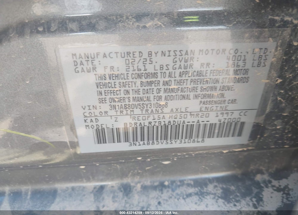 2025 NISSAN SENTRA VIN: 3N1AB8DV5SY310868