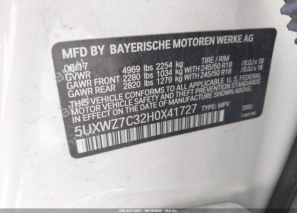 2017 BMW X3 VIN: 5UXWZ7C32H0X41727
