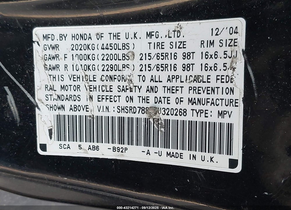 2005 HONDA CR-V EX VIN: SHSRD78875U320268