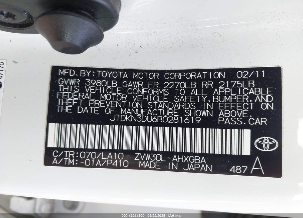 2011 TOYOTA PRIUS FOUR VIN: JTDKN3DU6B0281619