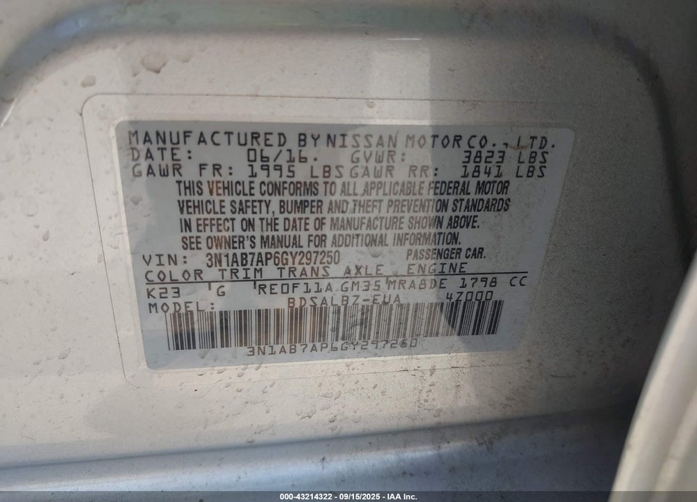 2016 NISSAN SENTRA VIN: 3N1AB7AP6GY297250
