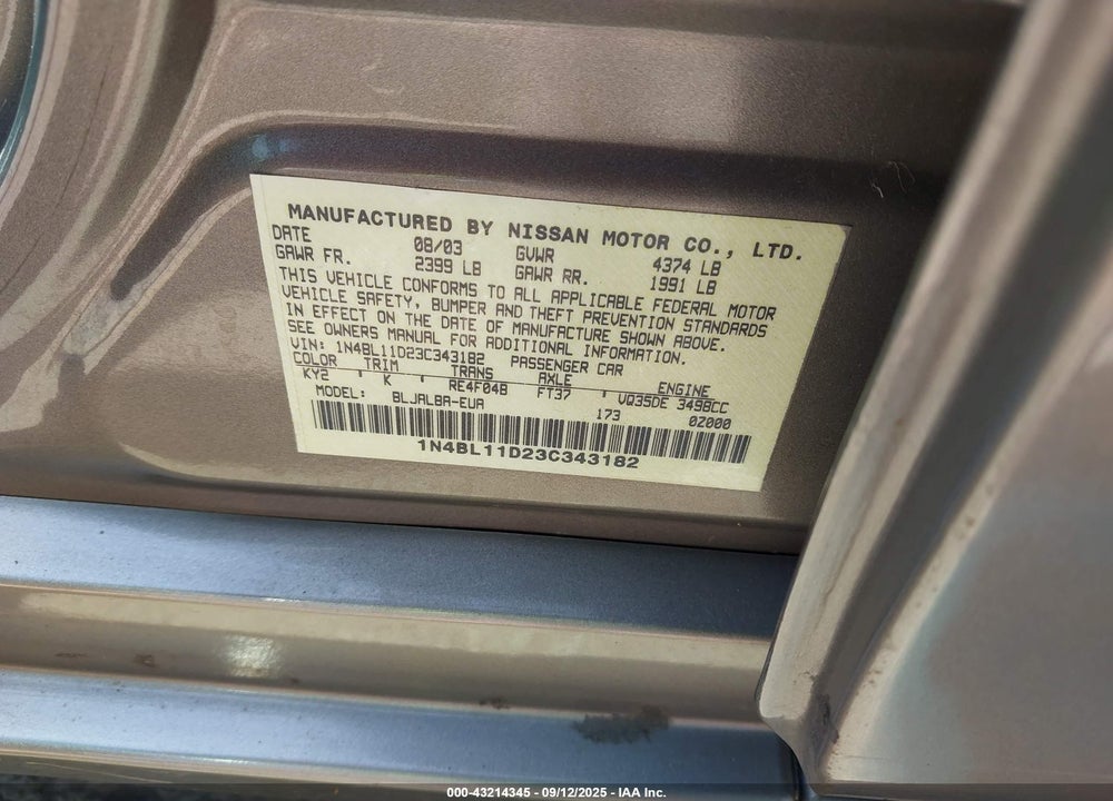 2003 NISSAN ALTIMA 3.5 SE VIN: 1N4BL11D23C343182