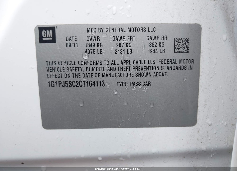 2012 CHEVROLET CRUZE VIN: 1G1PJ5SC2C7164113