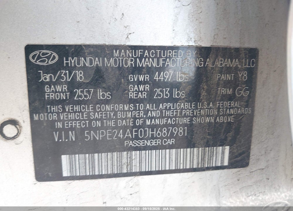 2018 HYUNDAI SONATA SE VIN: 5NPE24AF0JH687981
