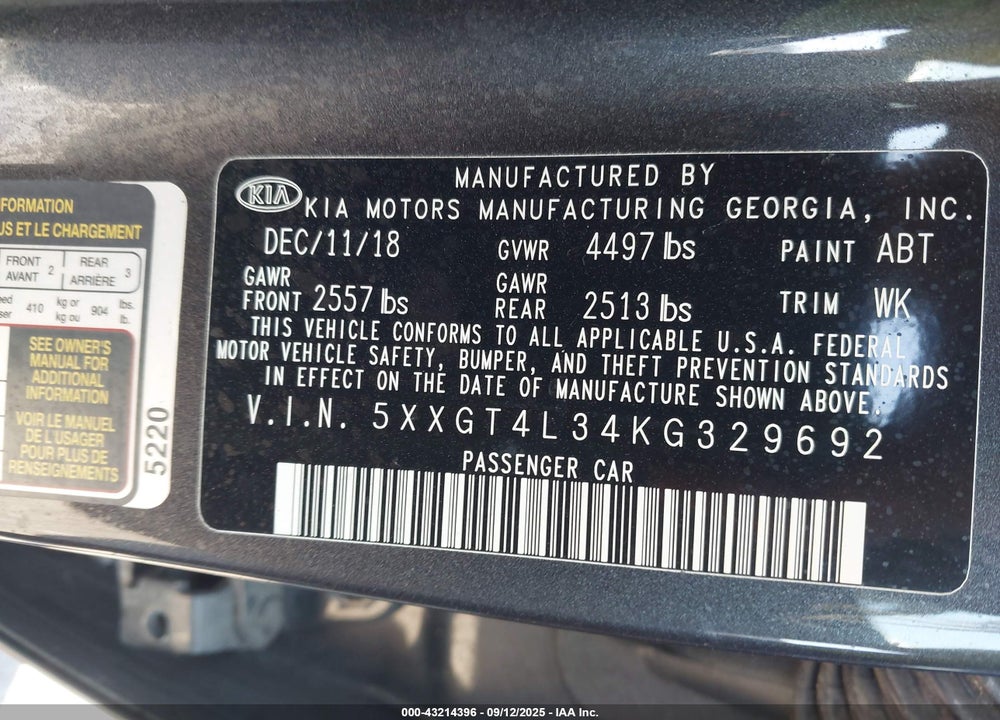 2019 KIA OPTIMA VIN: 5XXGT4L34KG329692