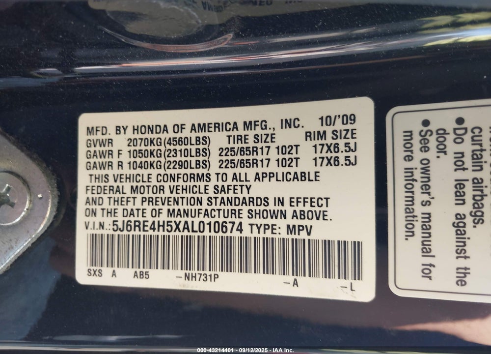 2010 HONDA CR-V VIN: 5J6RE4H5XAL010674