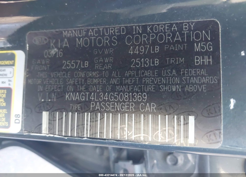 2016 KIA OPTIMA LX VIN: KNAGT4L34G5081369