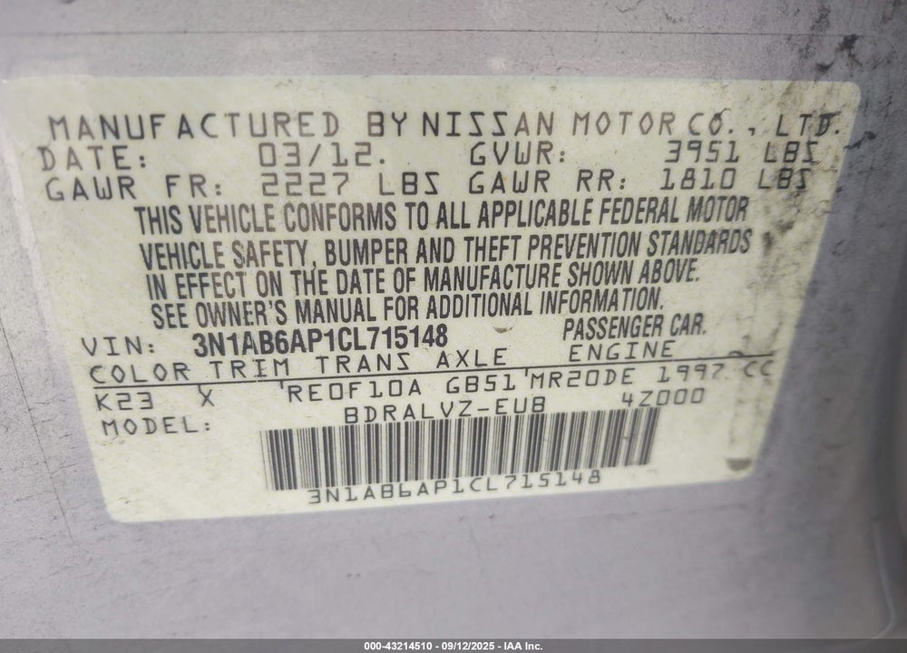2012 NISSAN SENTRA VIN: 3N1AB6AP1CL715148
