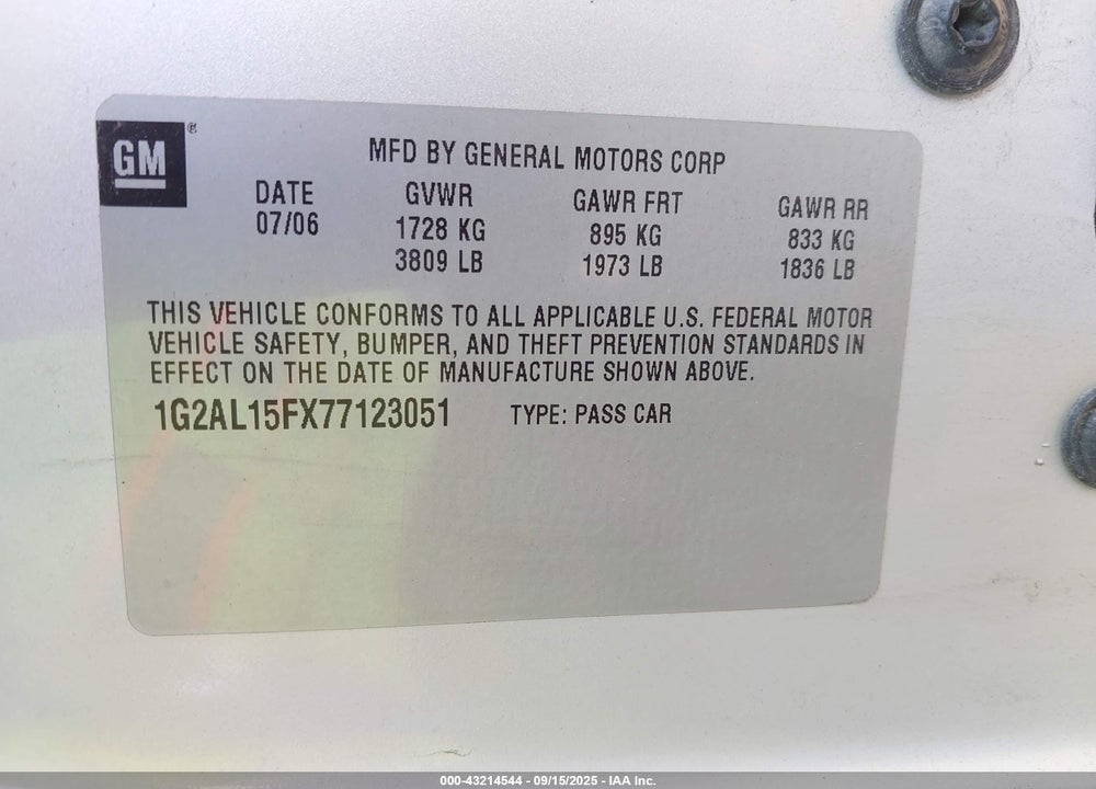 2007 PONTIAC G5 VIN: 1G2AL15FX77123051