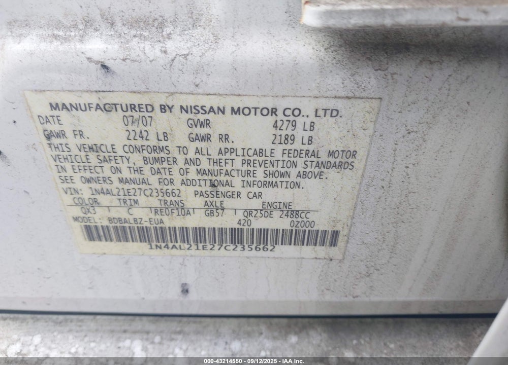 2007 NISSAN ALTIMA 2.5 S VIN: 1N4AL21E27C235662