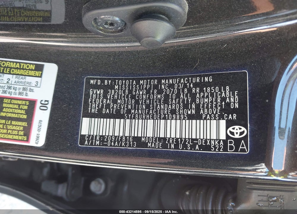 2014 TOYOTA COROLLA VIN: 5YFBURHE0EP109895