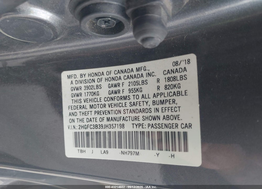2018 HONDA CIVIC EX-T VIN: 2HGFC3B39JH357198