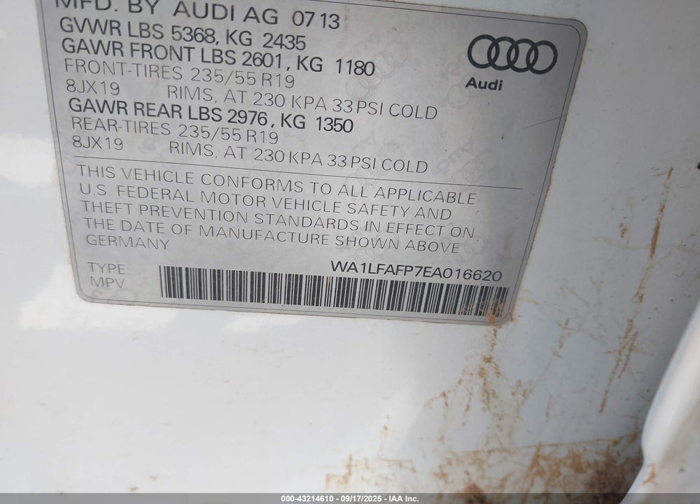 2014 AUDI Q5 2.0T PREMIUM VIN: WA1LFAFP7EA016620