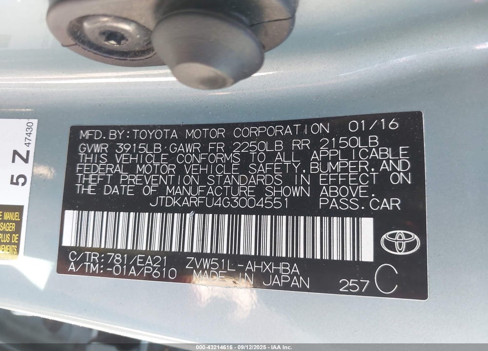 2016 TOYOTA PRIUS VIN: JTDKARFU4G3004551
