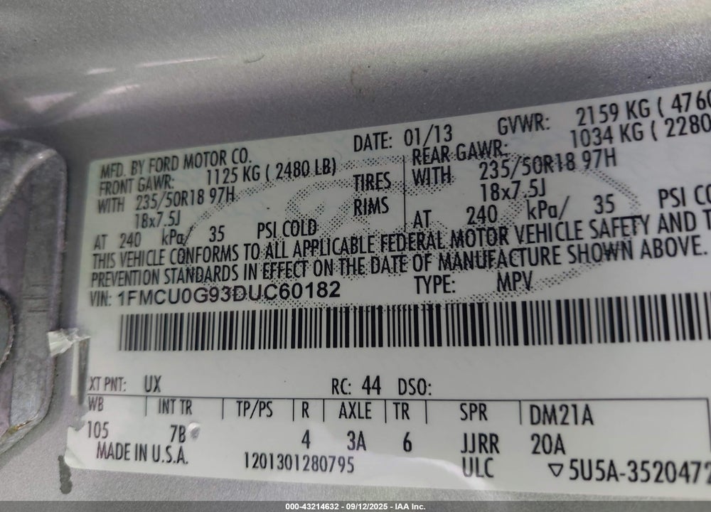 2013 FORD ESCAPE VIN: 1FMCU0G93DUC60182