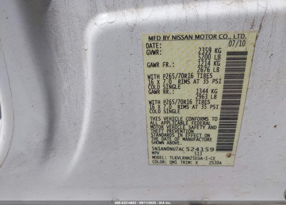 2010 NISSAN XTERRA VIN: 5N1AN0NU7AC524159