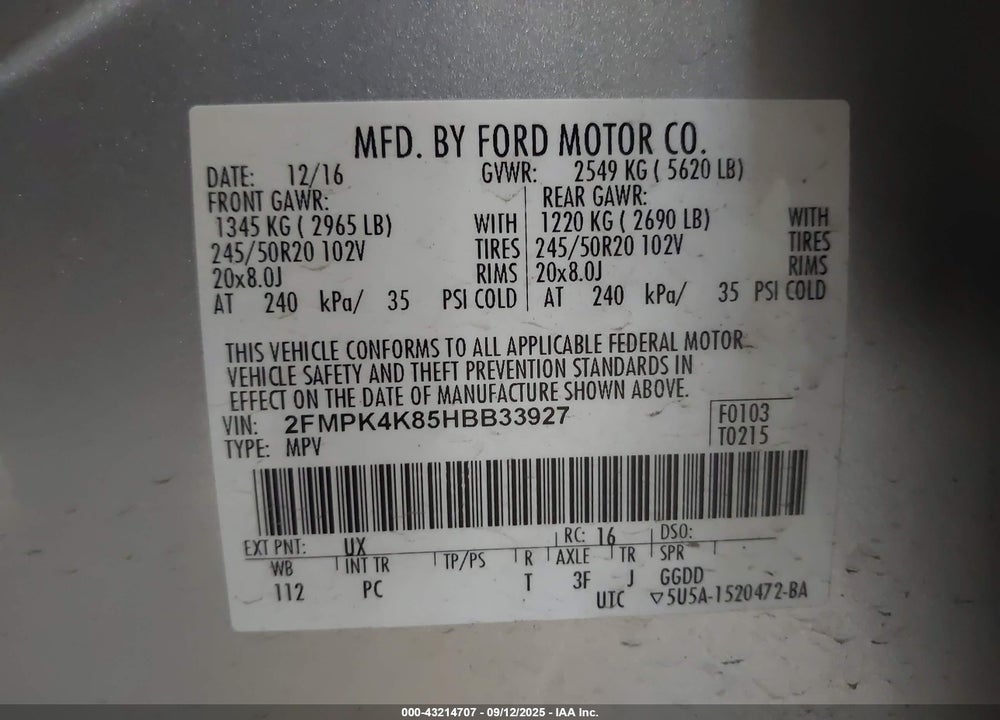 2017 FORD EDGE TITANIUM VIN: 2FMPK4K85HBB33927