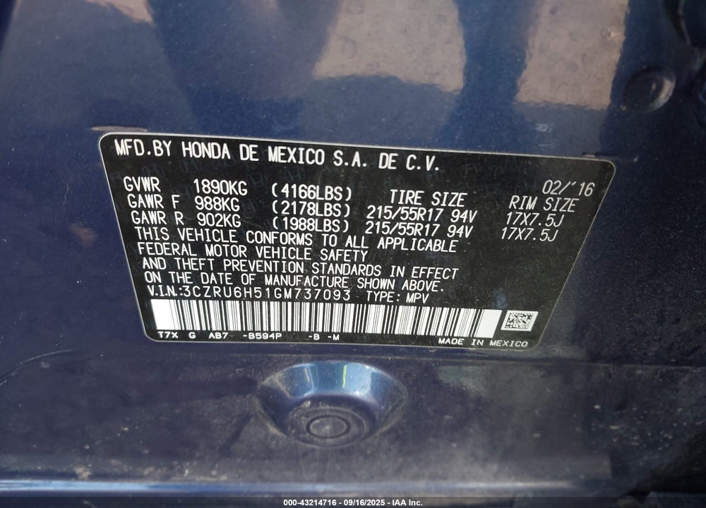 2016 HONDA HR-V VIN: 3CZRU6H51GM737093