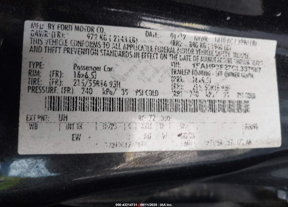 2012 FORD FOCUS SE VIN: 1FAHP3F27CL337587