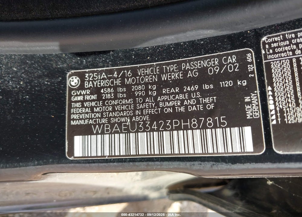 2003 BMW 325XI VIN: WBAEU33423PH87815