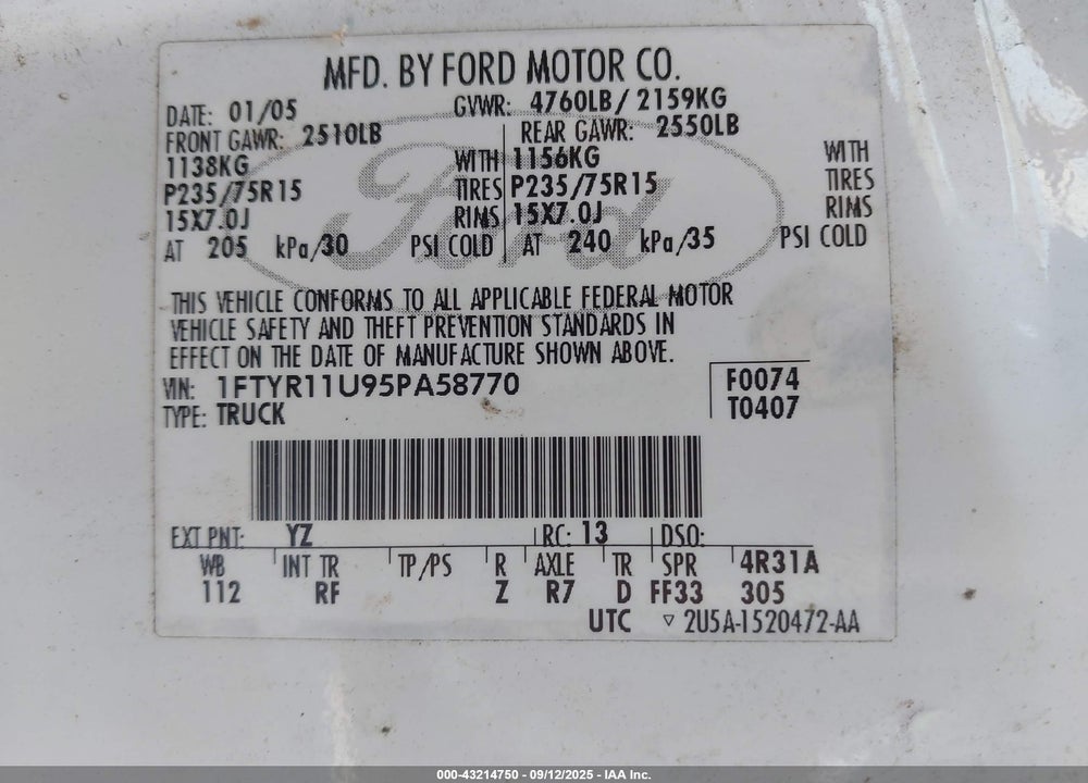 2005 FORD RANGER EDGE/XL/XLT VIN: 1FTYR11U95PA58770