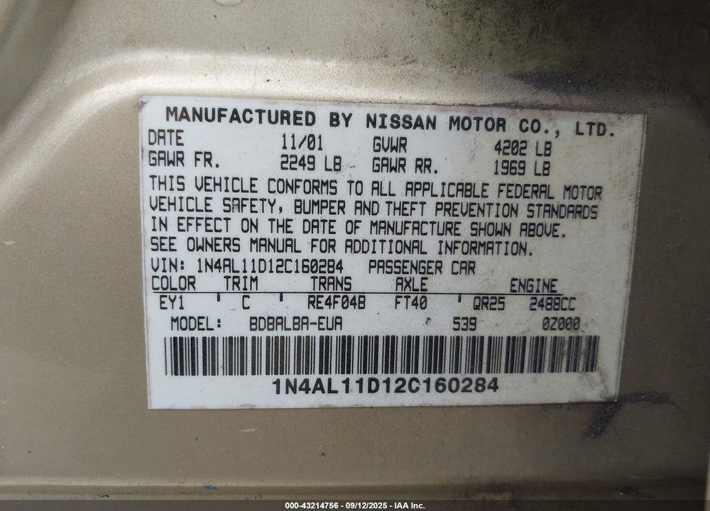 2002 NISSAN ALTIMA 2.5 S VIN: 1N4AL11D12C160284