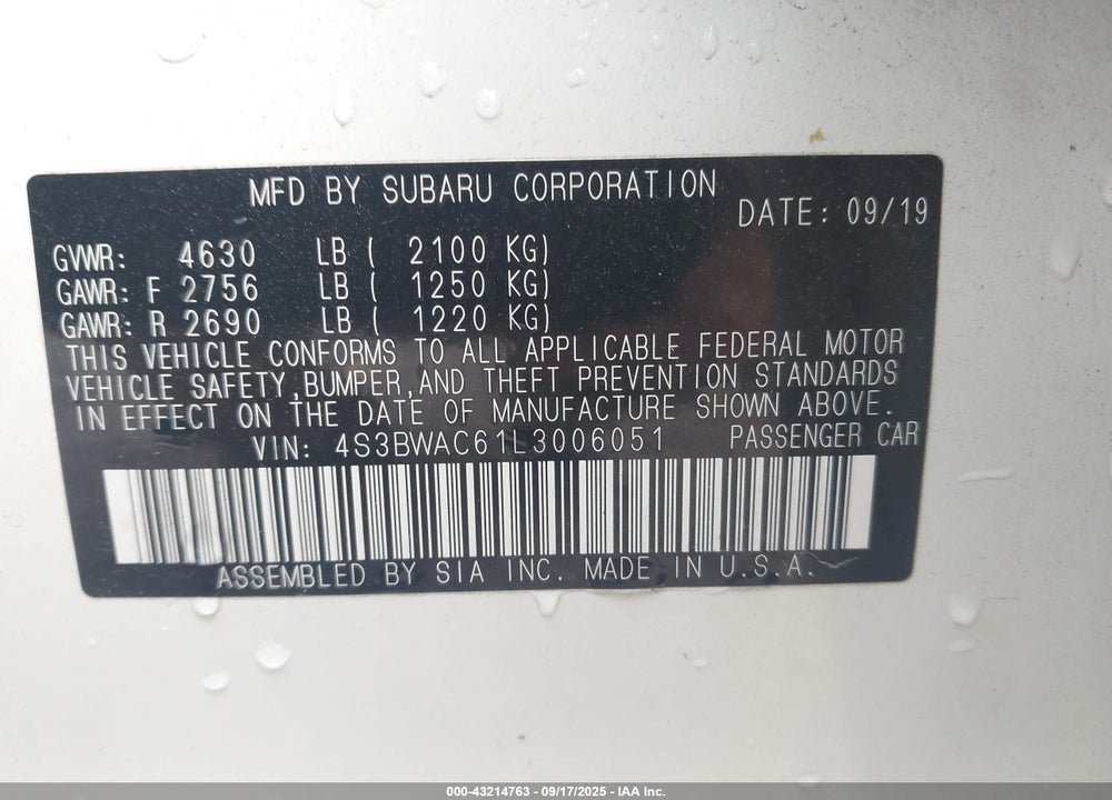 2020 SUBARU LEGACY PREMIUM VIN: 4S3BWAC61L3006051