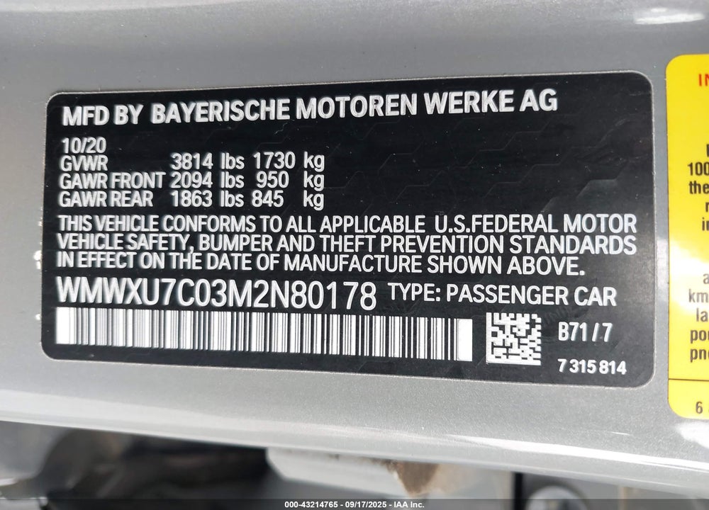 2021 MINI HARDTOP VIN: WMWXU7C03M2N80178