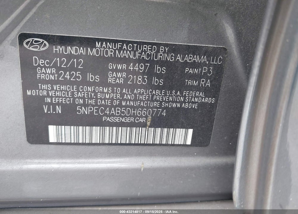 2013 HYUNDAI SONATA LIMITED 2.0T VIN: 5NPEC4AB5DH660774