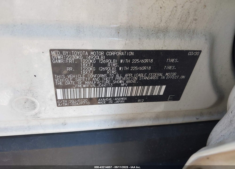 2020 TOYOTA RAV4 HYBRID VIN: JTMEWRFV8LJ044113