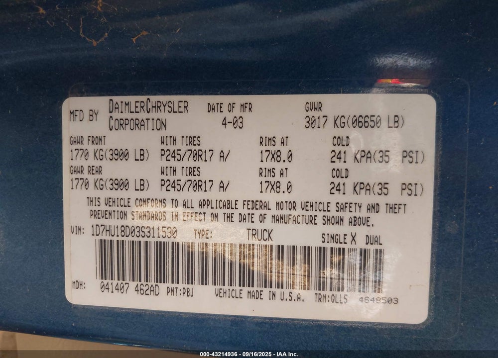 2003 DODGE RAM 1500 SLT/LARAMIE/ST VIN: 1D7HU18D03S311530