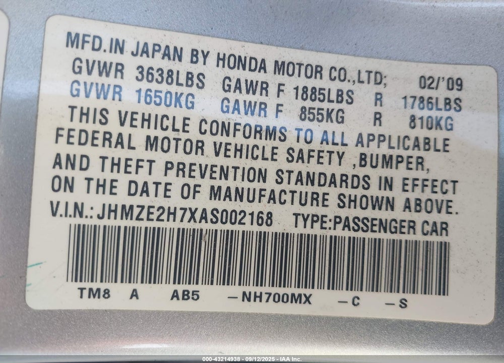 2010 HONDA INSIGHT VIN: JHMZE2H7XAS002168