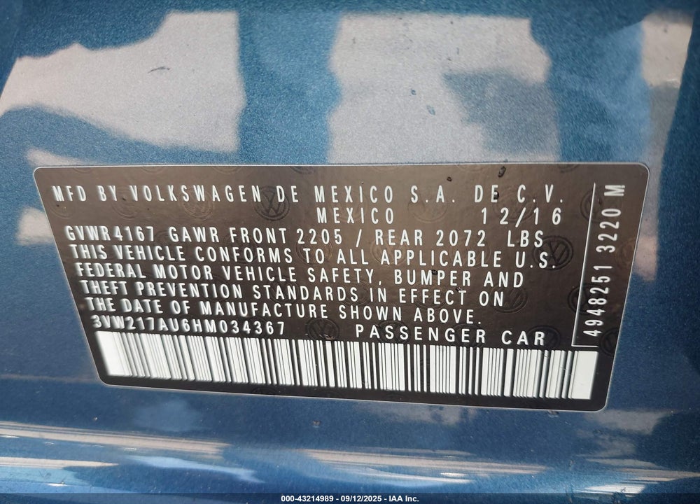 2017 VOLKSWAGEN GOLF TSI S 4-DOOR/TSI SE 4-DOOR/TSI SEL 4-DOOR/TSI WOLFSBURG EDITION 4-DOOR VIN: 3VW217AU6HM034367