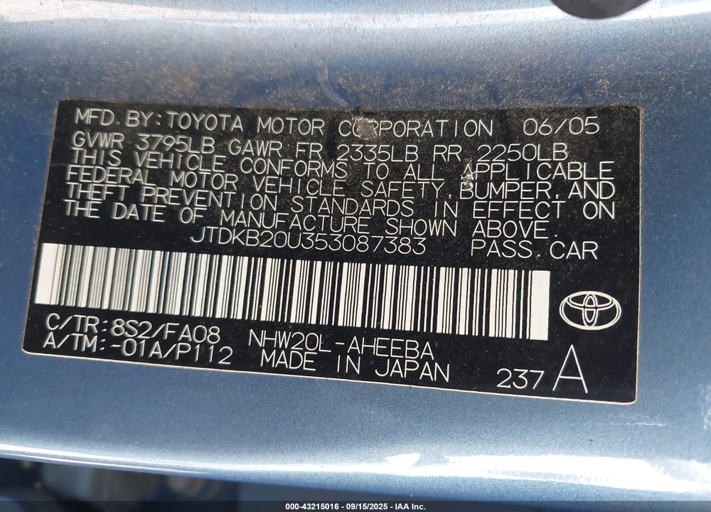 2005 TOYOTA PRIUS VIN: JTDKB20U353087383