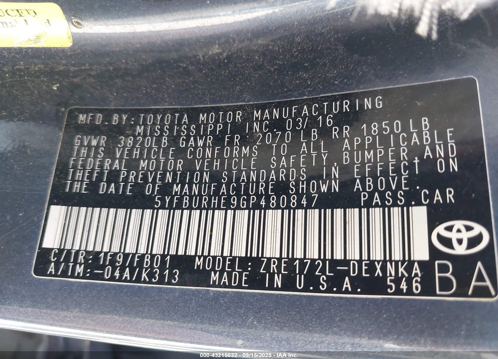 2016 TOYOTA COROLLA VIN: 5YFBURHE9GP480847