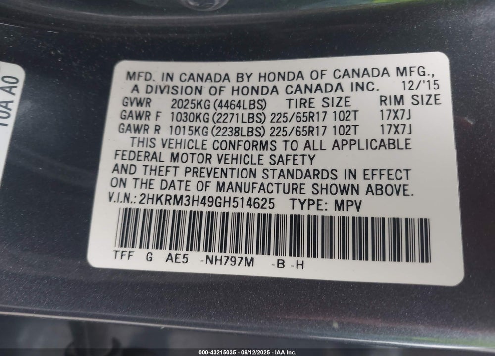 2016 HONDA CR-V VIN: 2HKRM3H49GH514625
