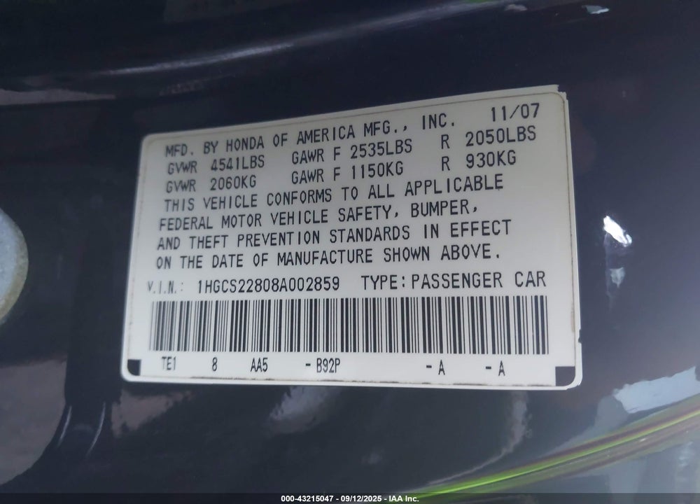 2008 HONDA ACCORD 3.5 EX-L VIN: 1HGCS22808A002859
