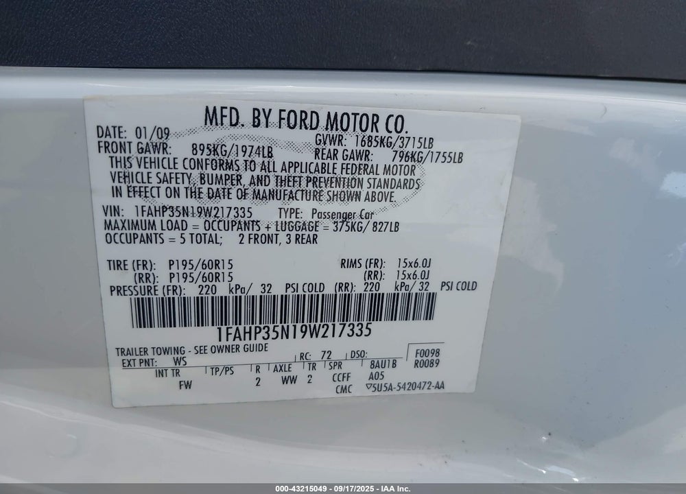 2009 FORD FOCUS SE VIN: 1FAHP35N19W217335