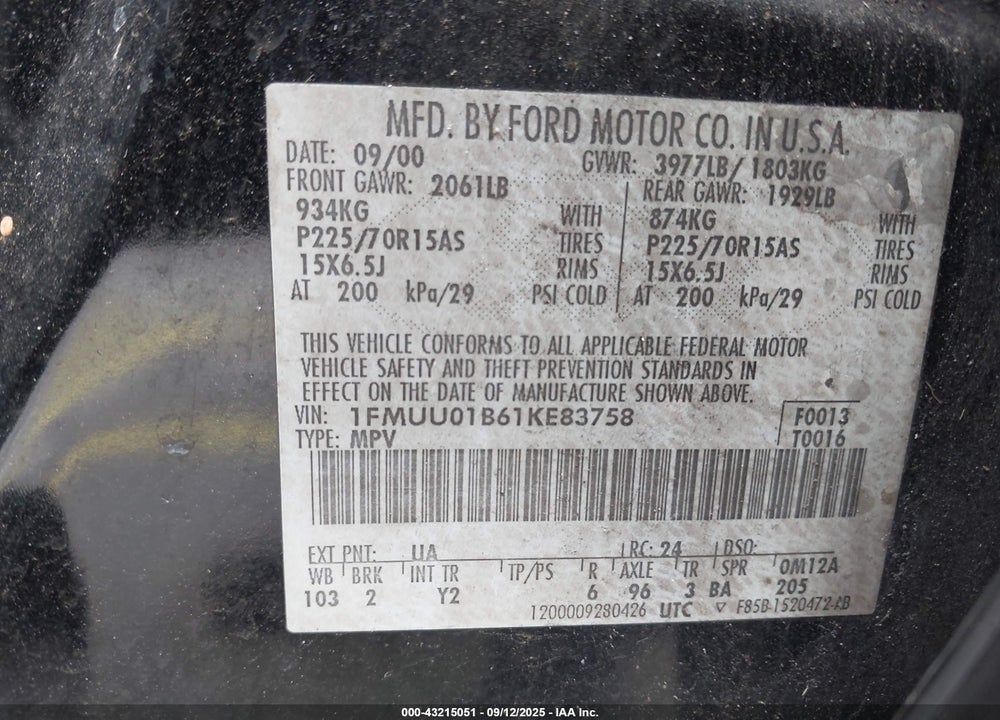 2001 FORD ESCAPE XLS VIN: 1FMUU01B61KE83758