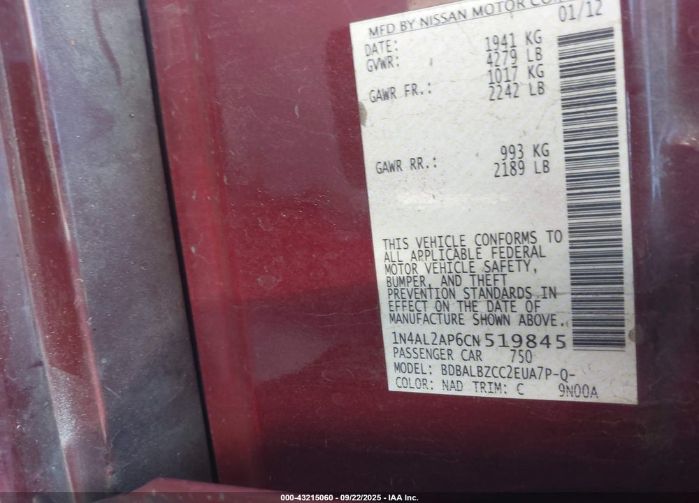 2012 NISSAN ALTIMA VIN: 1N4AL2AP6CN519845