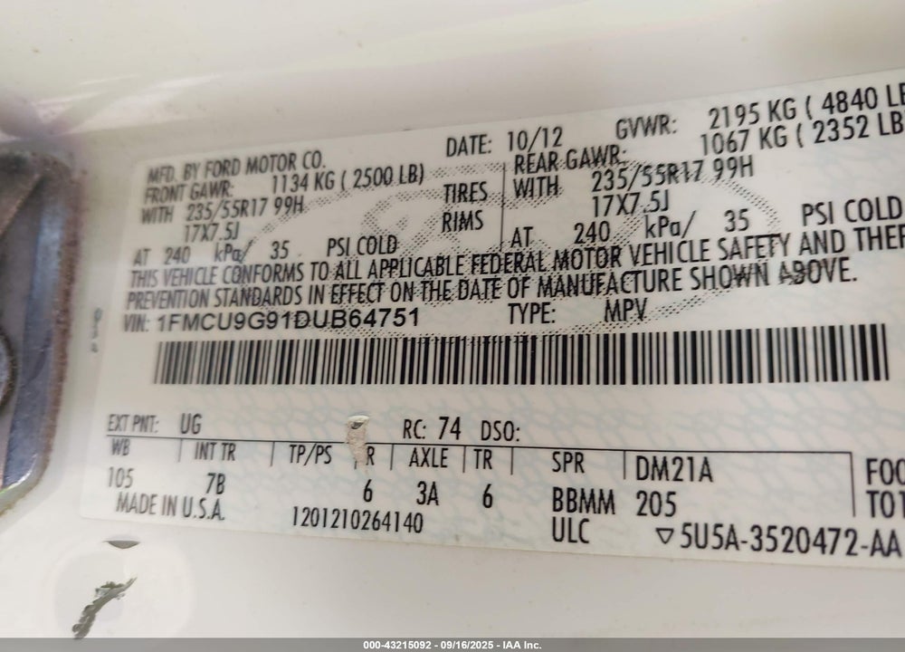 2013 FORD ESCAPE VIN: 1FMCU9G91DUB64751