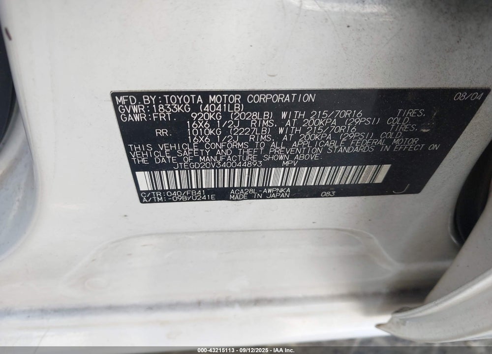 2004 TOYOTA RAV4 VIN: JTEGD20V340044893