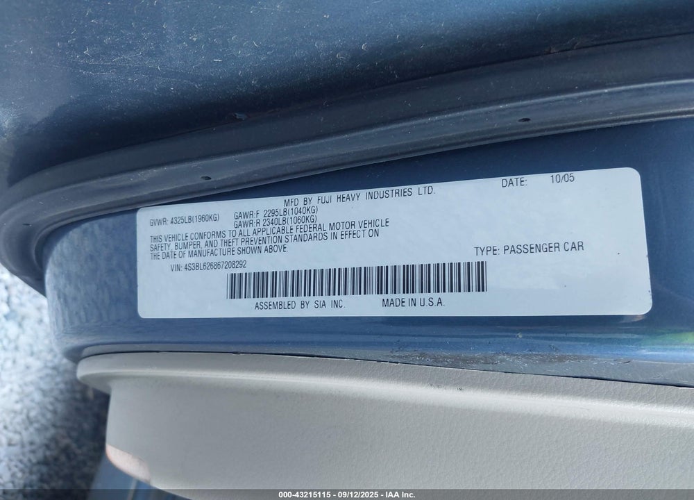 2006 SUBARU LEGACY 2.5I/2.5I LIMITED VIN: 4S3BL626867208292
