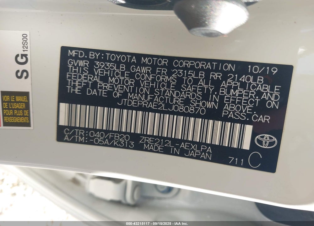 2020 TOYOTA COROLLA LE VIN: JTDEPRAE2LJ080870