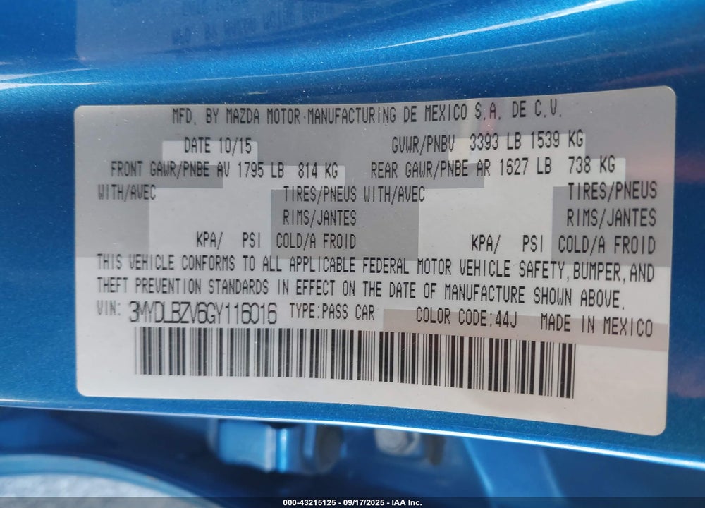 2016 SCION IA VIN: 3MYDLBZV6GY116016