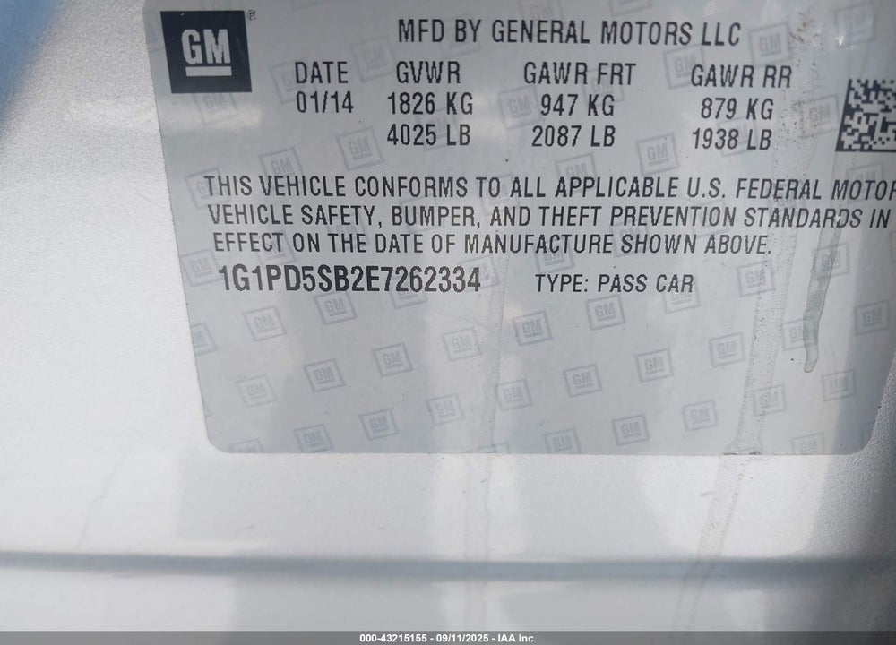 2014 CHEVROLET CRUZE 1LT MANUAL VIN: 1G1PD5SB2E7262334