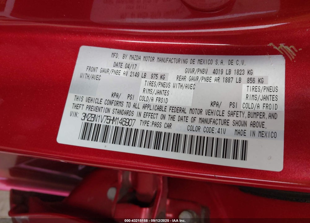 2017 MAZDA 3 VIN: 3MZBN1V75HM146907