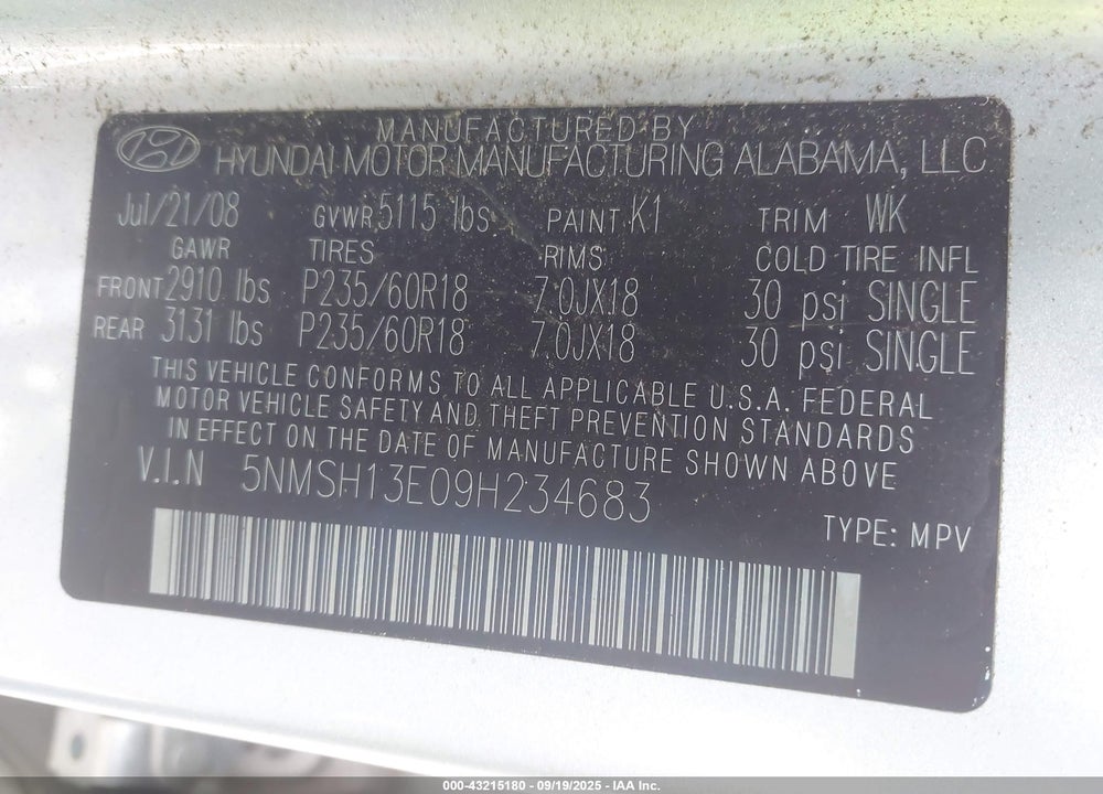 2009 HYUNDAI SANTA FE VIN: 5NMSH13E09H234683