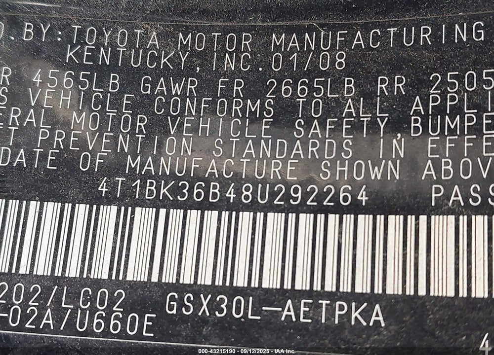 2008 TOYOTA AVALON LIMITED VIN: 4T1BK36B48U292264