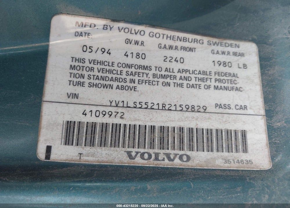 1994 VOLVO 850 VIN: YV1LS5521R2159829